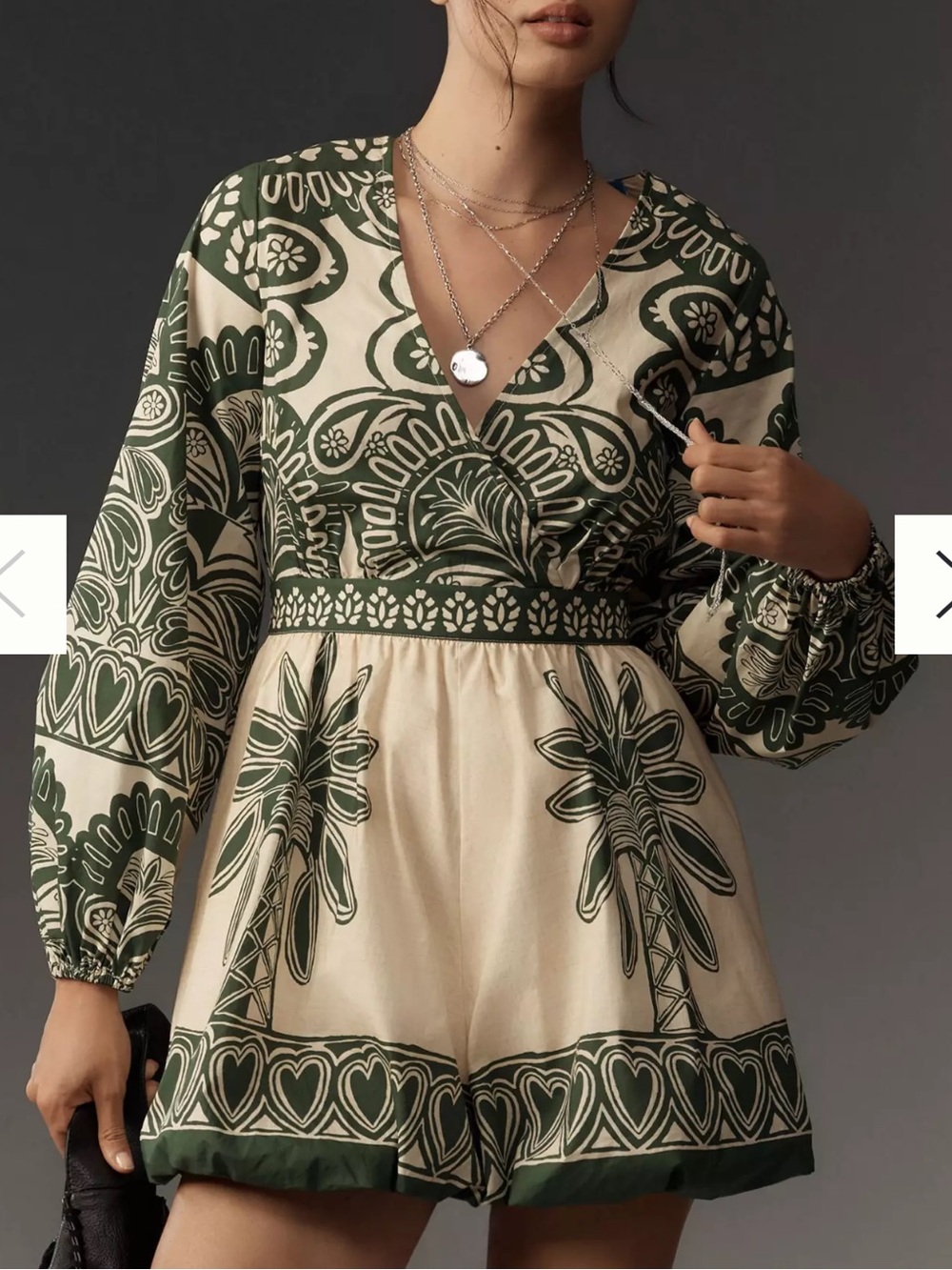 Farm Rio Long-Sleeve V-Neck Printed Romper size M